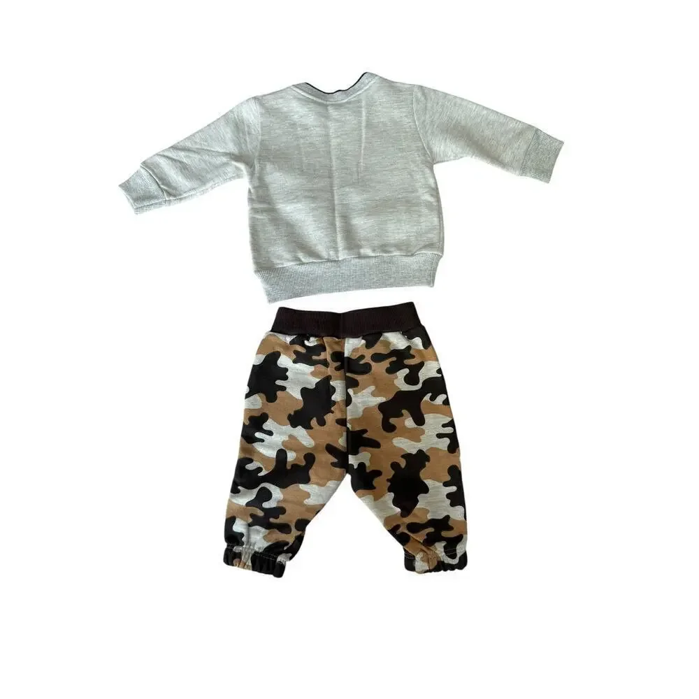 Milon Baby Grey Black Long Sleeve Top And Camo Joggers Set Size P or 3 months